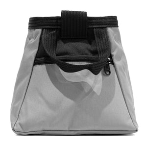A light grey and black bouldering chalk bucket with drawstring closure and zip closure climbing accessory pockets