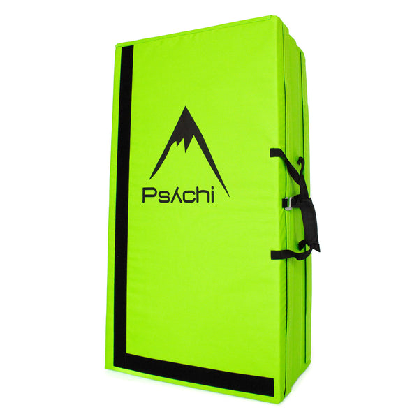 A green psychi bouldering crash pad dual layer triple fold 