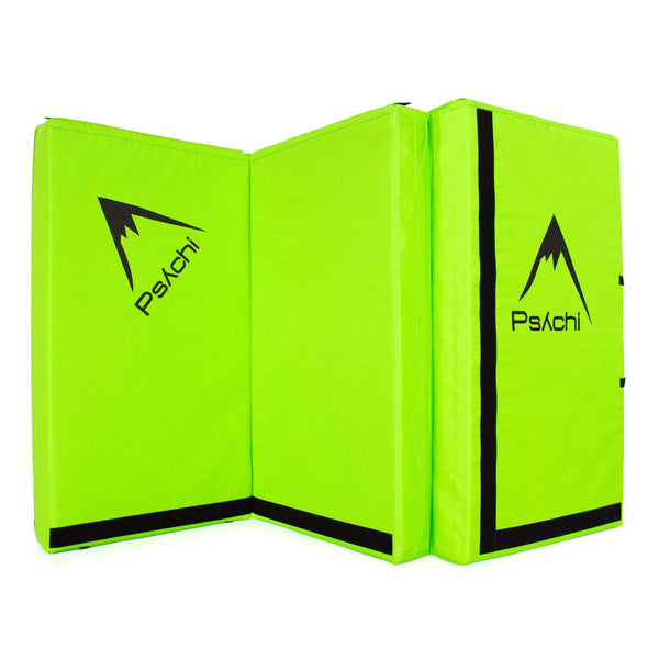 A green psychi bouldering crash pad dual layer triple fold 