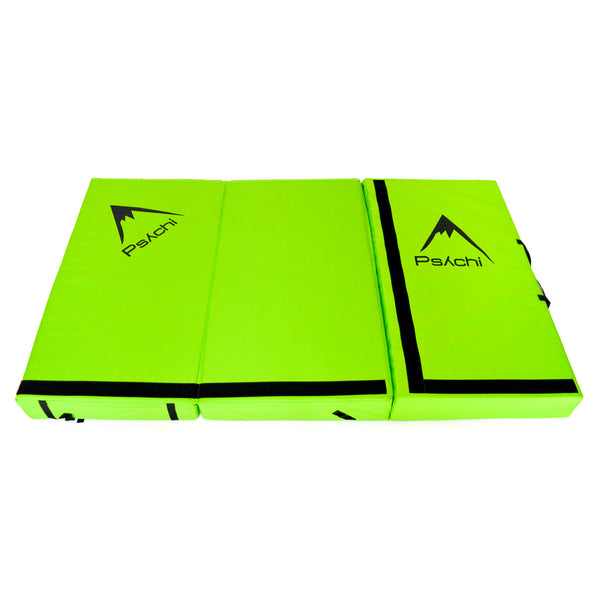 A green psychi bouldering crash pad dual layer triple fold 