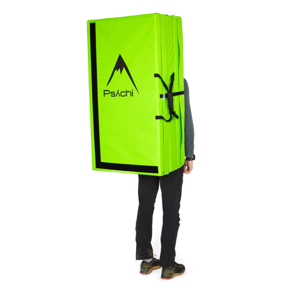 A green psychi bouldering crash pad dual layer triple fold 