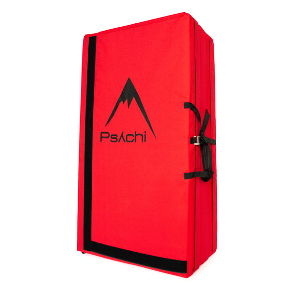 A red psychi bouldering crash pad dual layer triple fold 