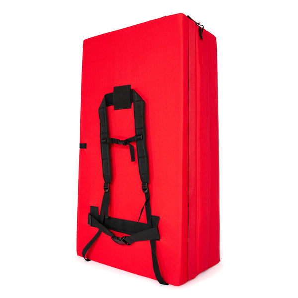 A red psychi bouldering crash pad dual layer triple fold 