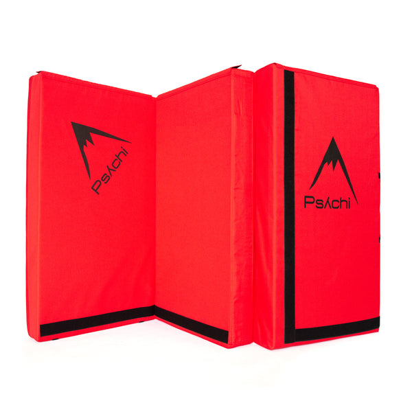 A red psychi bouldering crash pad dual layer triple fold 