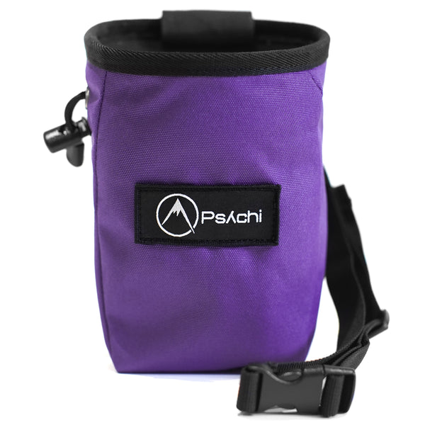 A Purple rock climbing chalk bag with black and white psychi logo