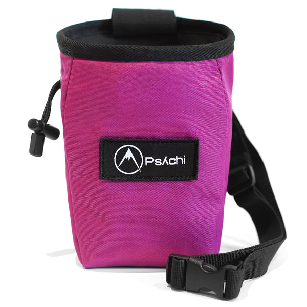 A Pink rock climbing chalk bag with black and white psychi logo