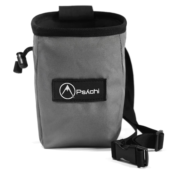 A Grey rock climbing chalk bag with black and white psychi logo