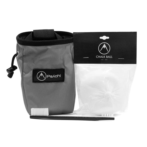 A light grey climbing chalk bag with a 56g chalk ball and plastic double ended brush