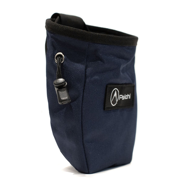 A navy blue rock climbing chalk bag with drawstring closure and Pyschi white mountain logo on a black fabric patch