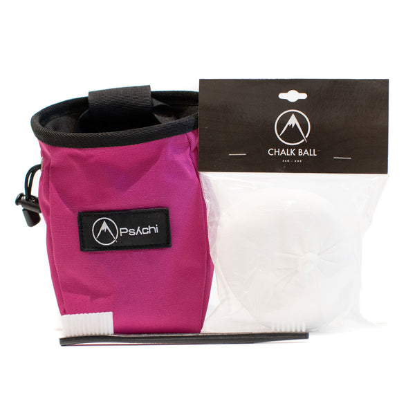 A magenta climbing chalk bag with a 56g chalk ball and plastic double ended brush