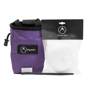 A purple climbing chalk bag with a 56g chalk ball and plastic double ended brush