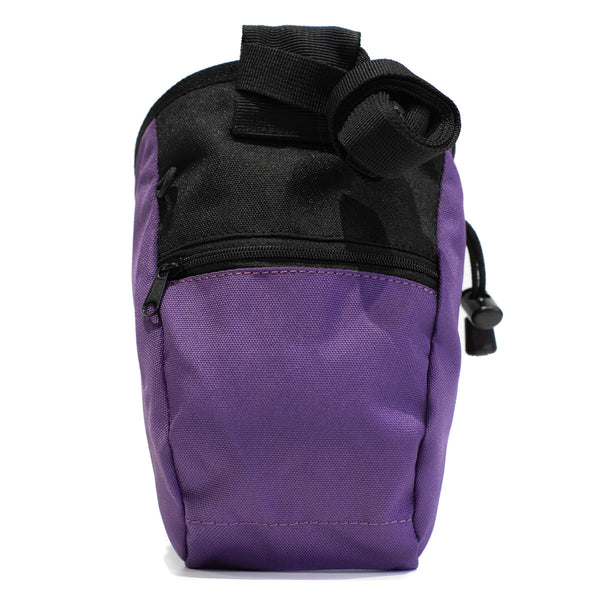 A purple climbing chalk bag with a zip closure accessory pocket and strong nylon waist strap