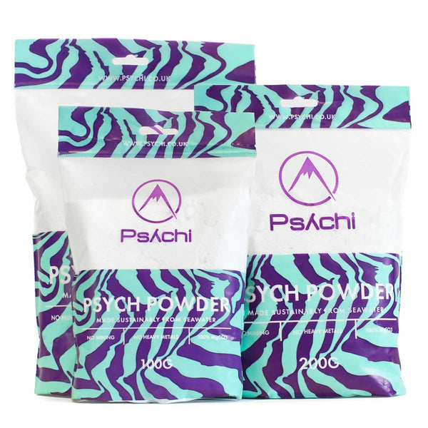 Three resealable bags of climbing chalk, made sustainably from seawater and packaged in the Uk