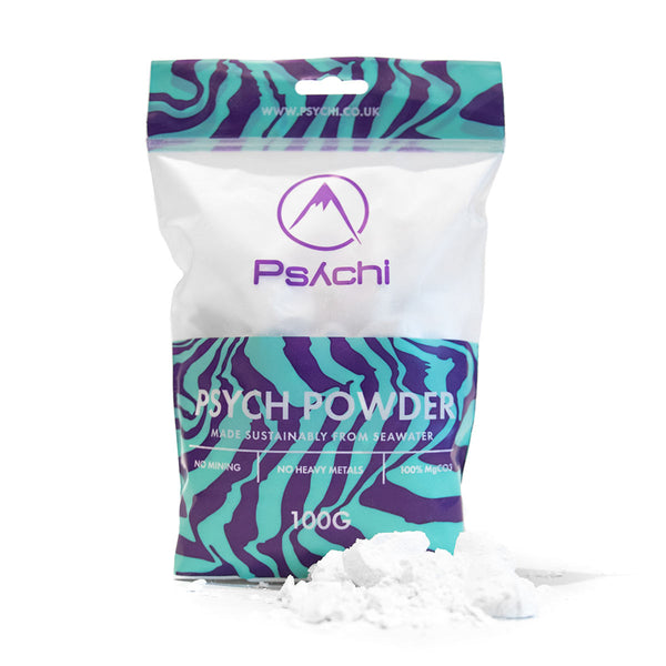 A bag of sustainable climbing chalk powder in a resealable bag