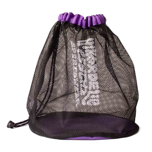 A black and purple net climbing shoe bag with white logo featuring the words 'psychi' and 'hikerdelic'.