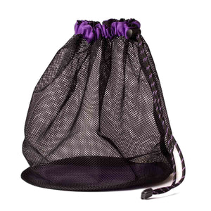 A black and purple webbed climbing shoe bag with drawstring closure.