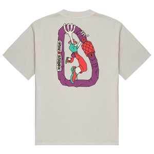 An off white, oversized rock climbing t-shirt with purple and orange carabiner logo featuring a large climber motif with a mushroom for a head and the words 'psychi and hikerdelic'.