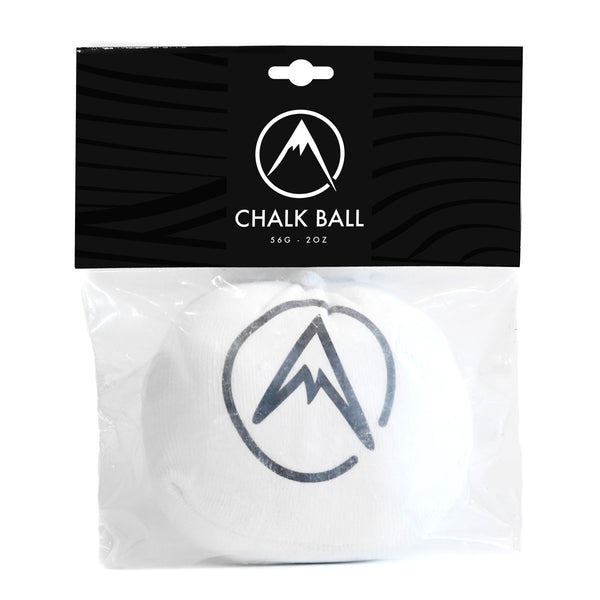 A climbing chalk ball in a clear bag with a black card header and psychi logo