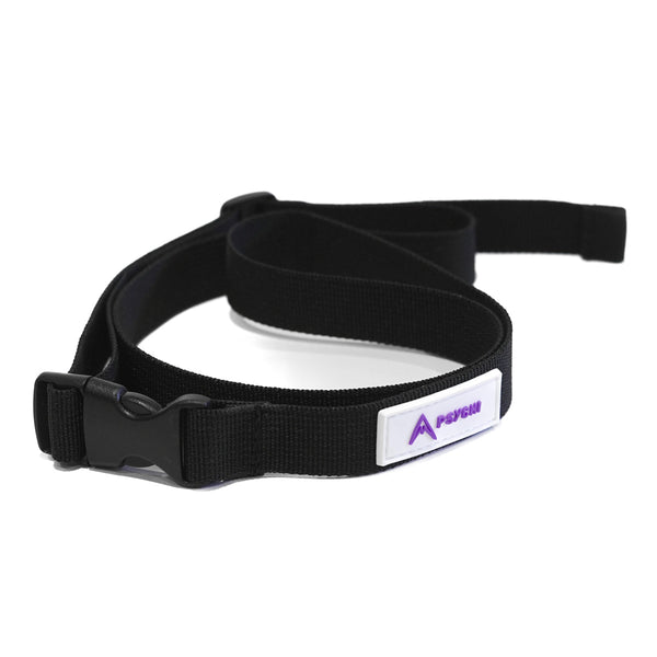 A black adjustable chalk bag waist strap with purple and white tag.