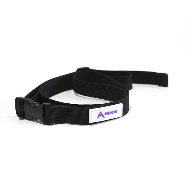 A black adjustable chalk bag waist strap with purple and white tag.