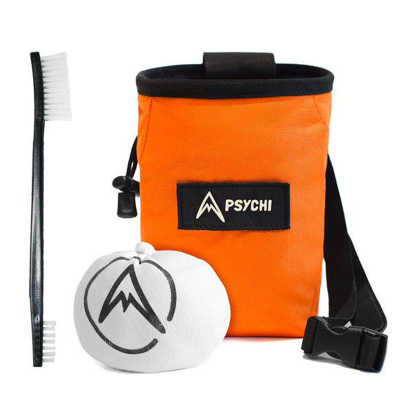 An orange climbing starter bundle for beginner climbers and bouldering. Includes chalk bag, brush and ball.