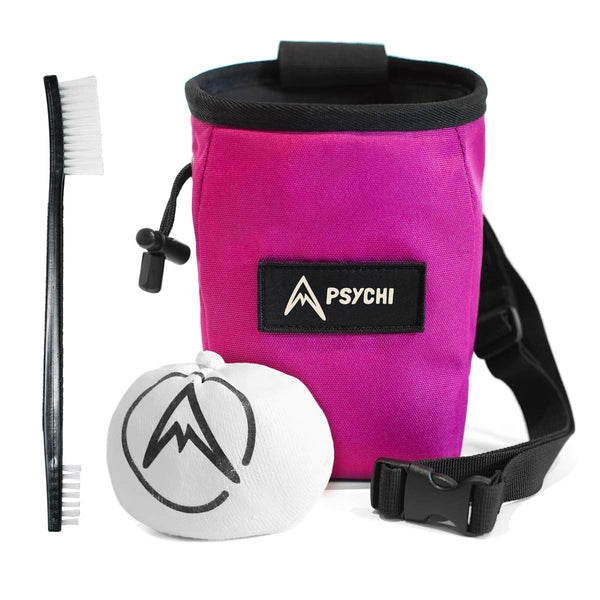 A pink climbing starter bundle for beginner climbers and bouldering. Includes chalk bag, brush and ball.