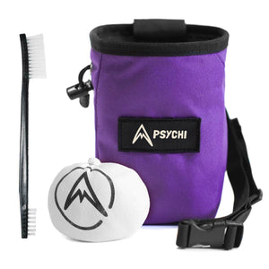 A Purple climbing starter bundle for beginner climbers and bouldering. Includes chalk bag, brush and ball.