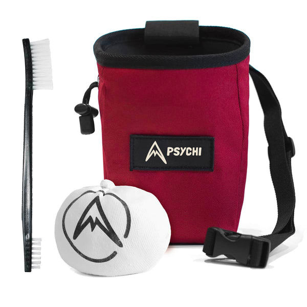 A dark red climbing starter bundle for beginner climbers and bouldering. Includes chalk bag, brush and ball.