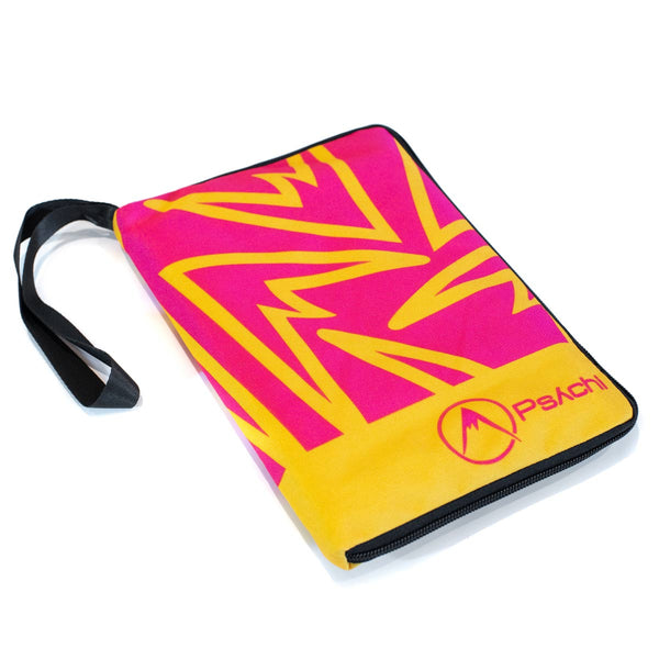 A rock climbing or walking guidbook zip closure cover with a pink and yellow mountain logo design