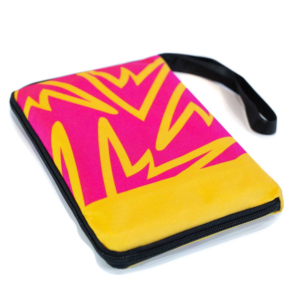 A rock climbing or walking guidbook zip closure cover with a pink and yellow mountain logo design